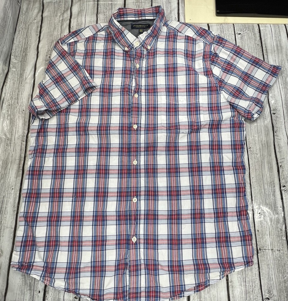 Men’s XL /TG Aeropostale NYC Short Sleeve Button Up Plaid Blue White Red Green