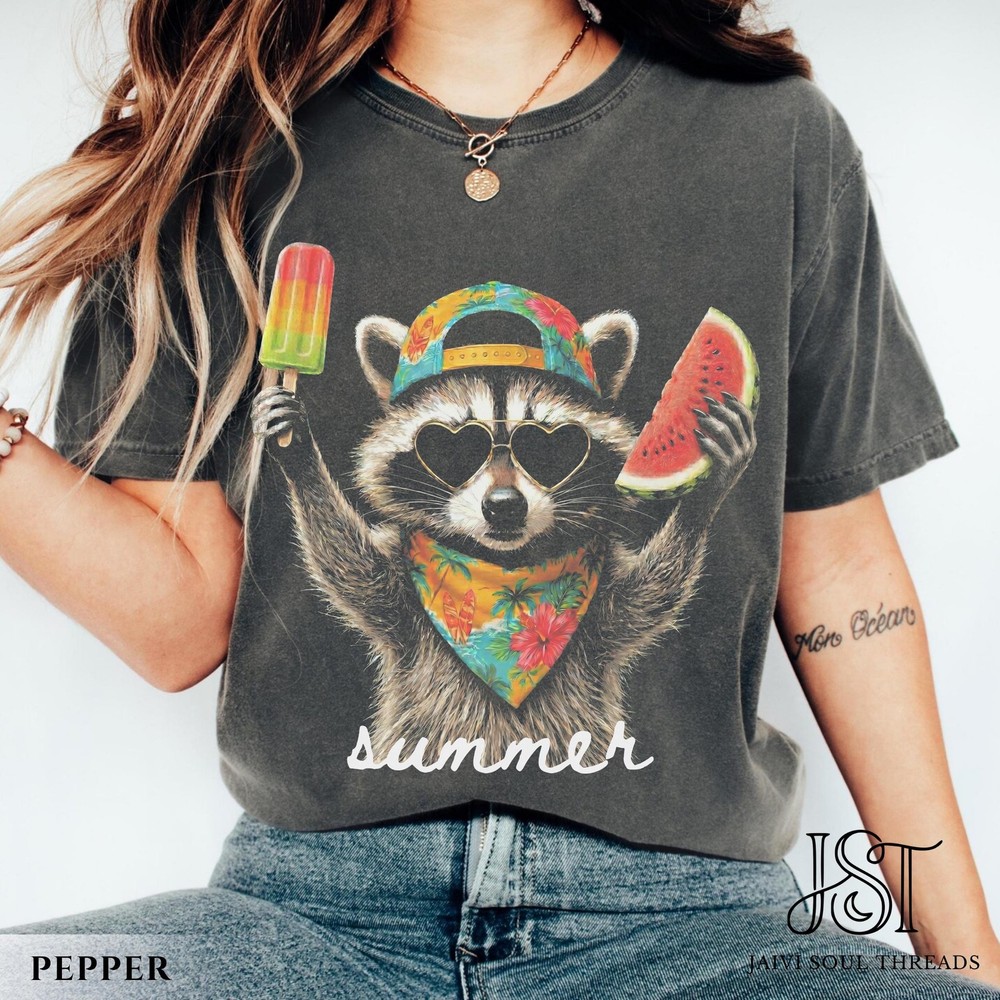 Summer Raccoon Shirt Funny Trash Panda Watermelon Popsicle Graphic Tee