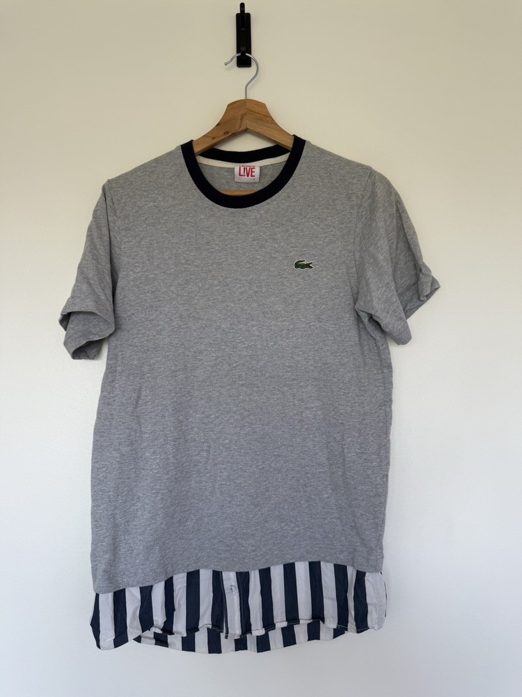 Lacoste L!VE Men’s Layered T Shirt Grey Marl Striped Hem Cotton Size 2 Small S