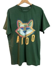 Akoo T-Shirt Graphic Fox Short Sleeve Men’s 2XL Dk Green Lt Green Blue Crew Neck