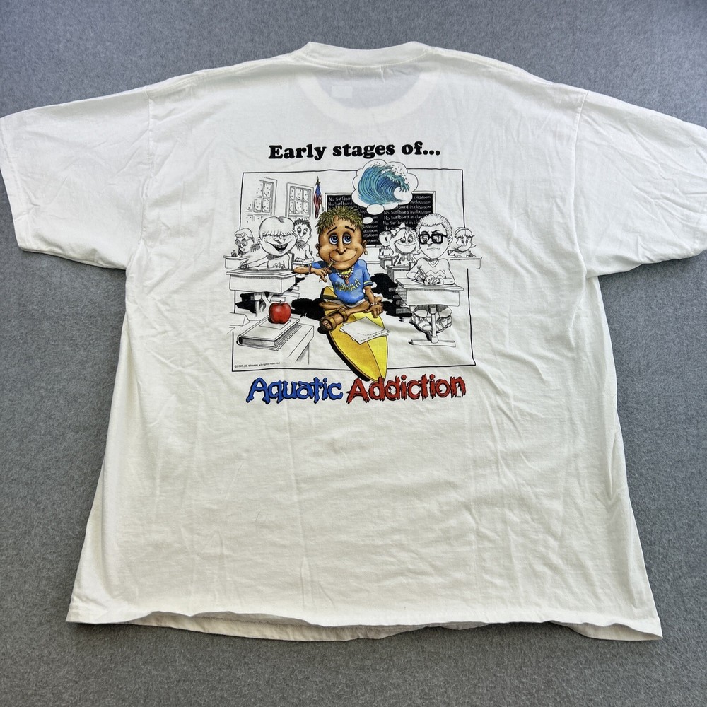 Vintage Aquatic Addiction Shirt Mens 2XL White Graphic Print Short Sleeve Adult