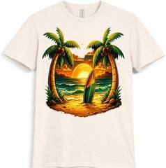 Tropical Beach T-Shirt Sunset Surfboard Graphic Palm Trees Ocean Summer tee
