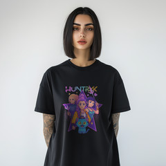 HUNTRX Anime Graphic T-Shirt – Cute KPOP Inspired Cartoon Girls & Cat Tee A275