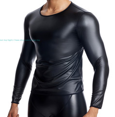 Men’s Round Neck Long Sleeve PU Leather T-shirt Party Club Pullovers Tops Casual