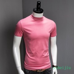Fashion Summer Men’s Half High Collar Silk Cotton Short Sleeved T-shirt Slim Fit