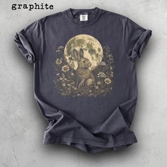 Moonlit Floral Bunny Graphic Comfort Tee Nature Animal Shirt