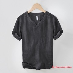 Men 100% Linen T-shirt V Neck Summer Short Sleeves Retro Tops Casual Undershirt