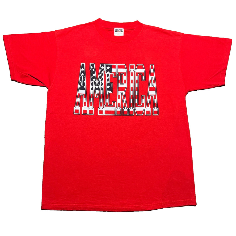 Vintage 90s America T Shirt Mens XL Red Patriotic USA Flag Graphic Tultex Tee
