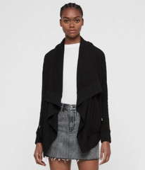 All Saints Drape Brushed Jacket Black Designer Open Front Pockets Waterfal Front