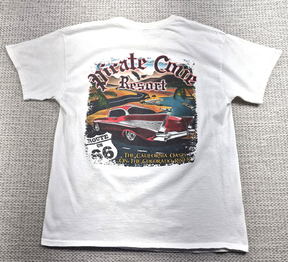 Pirate Cove Resort Shirt Mens M White Route 66 Classic Car Beach Graphic Tee