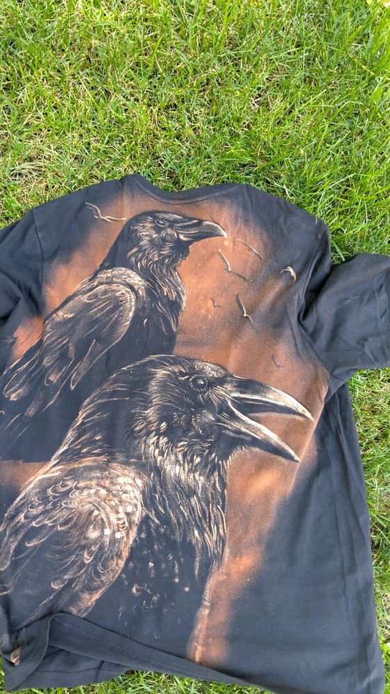 HAND PAINTED ORIGINAL ART Black and brown raven tee .goth.punk . .