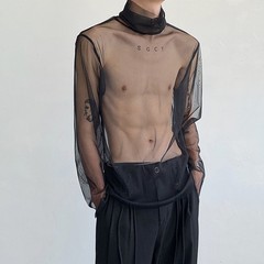 Mens Mesh Sheer Turtleneck Casual Long Sleeve Shirt For Streetwear Use