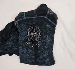 Affliction LS Top Large L Blue Sheer Shirt Silver Foil Black Velvet Graphics Y2K