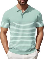 Men’s Striped Knit Polo Shirt Lightweight Short Sleeve Casual Collared Golf Tee