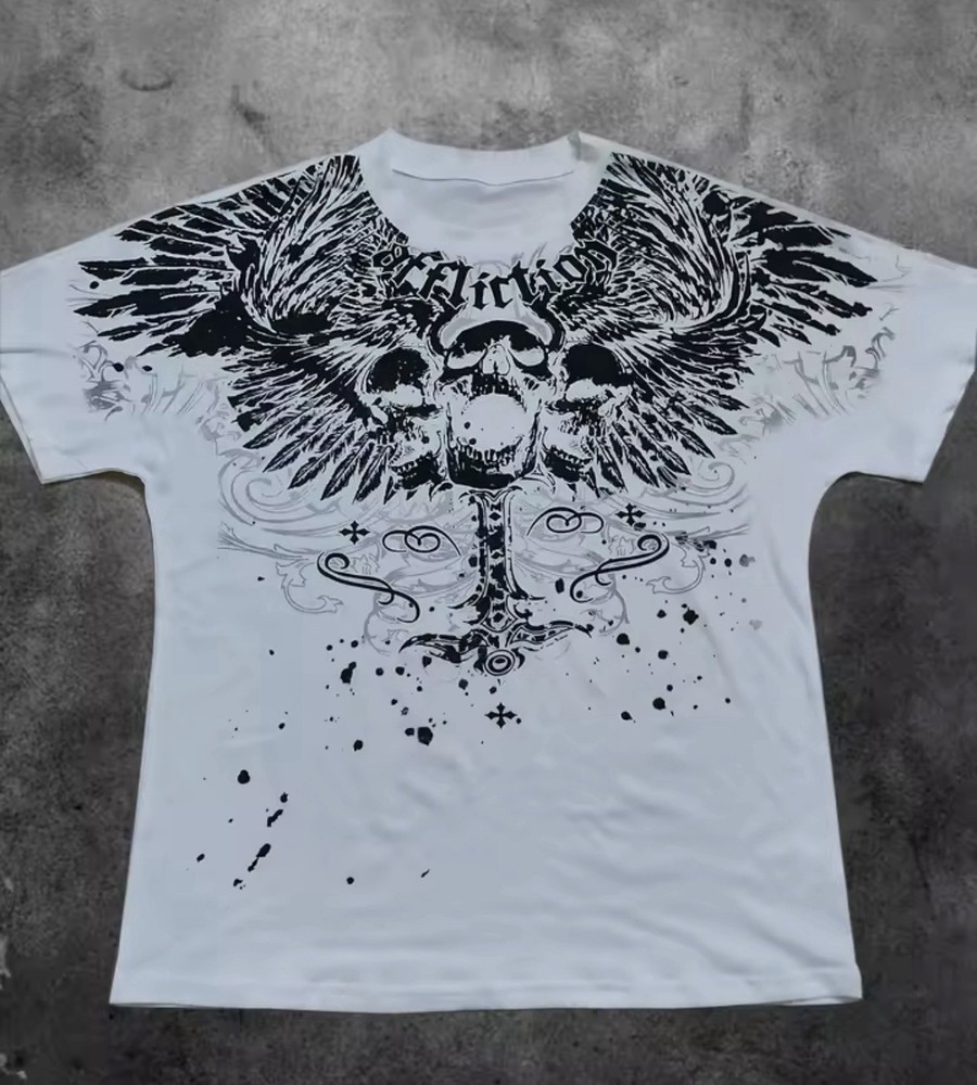 Affliction Men’s White Skull Wing Graphic Print Short Sleeve Cotton T-Shirt