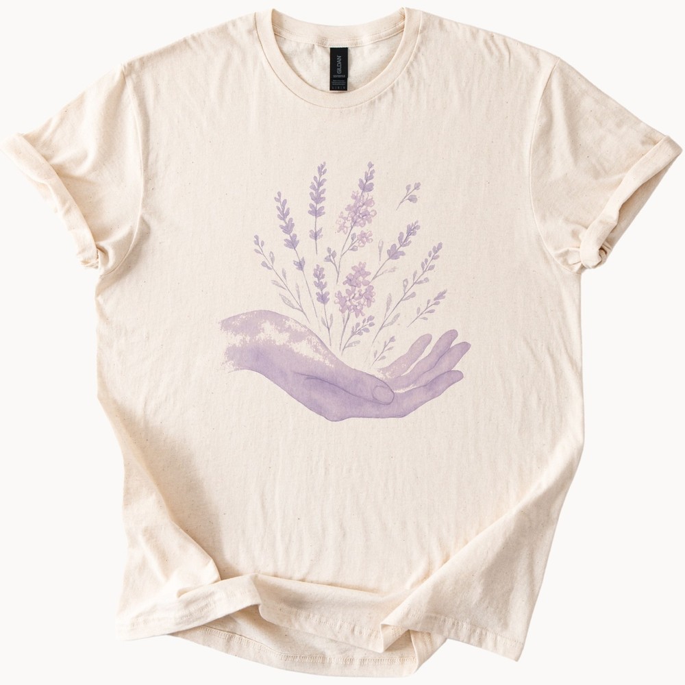 Botanical Hands Watercolor Graphic Tee Lavender Floral Nature Art