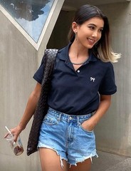 Polo Short Fitted Women Summer Business Casual Preppy Navy Blue T-Shirt Tops