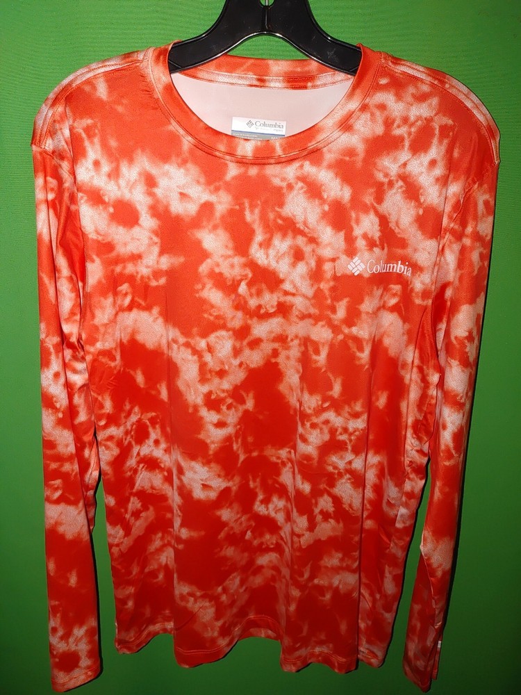 5286) NWOT COLUMBIA medium red tie-dye polyester knit t-shirt long sleeve new