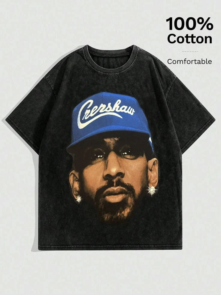 NIPSEY HUSSLE BIG FACE BLUE HAT RAP HIP HOP T SHIRT TYE DIE MINERAL WASH