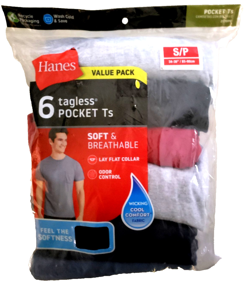Hanes Men’s Tagless Pocket Cotton T Shirts 6 Pack Sm 34-36 Gray Black Red Blue