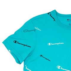 Champion Shirt Mens Medium Blue All Over Print Logo Graphic Tee T-Shirt Cotton