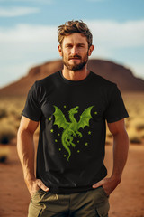 Lime Green Dragon T-Shirt Fantasy Flying Dragon Graphic Stars Unisex Tee