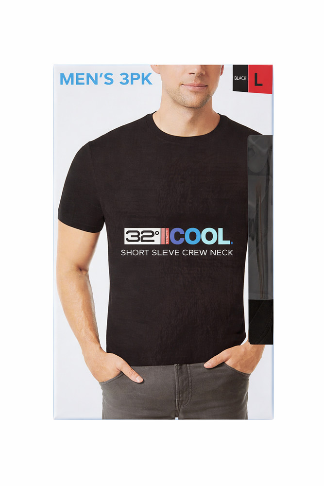 32 DEGREES COOL MEN’S 3 PACK SHORT SLEEVE CREW NECK SHIRT BLACK
