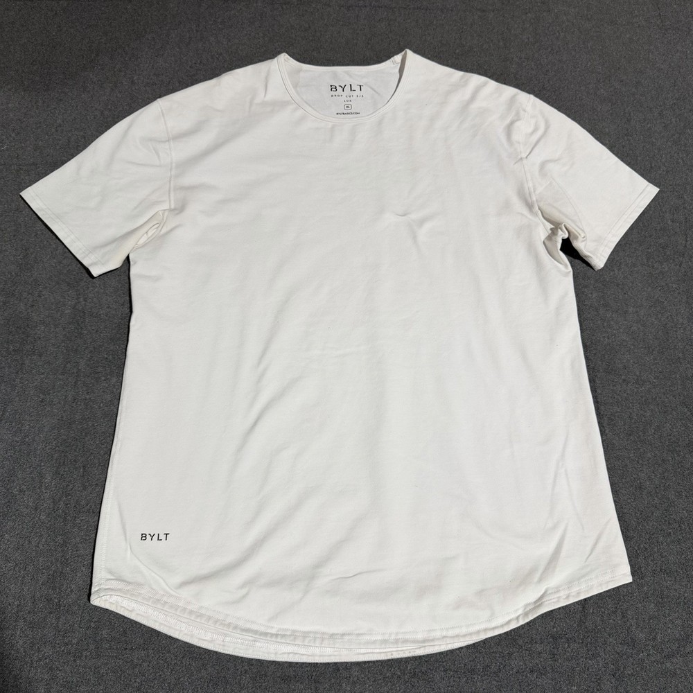 BYLT Basics Drop Cut Lux T-Shirt Mens XL White Short Sleeve Curved Hem Crew Neck