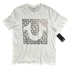 NWT True Religion Brand Script All Over Silver Foil Graphic White Shirt Size L