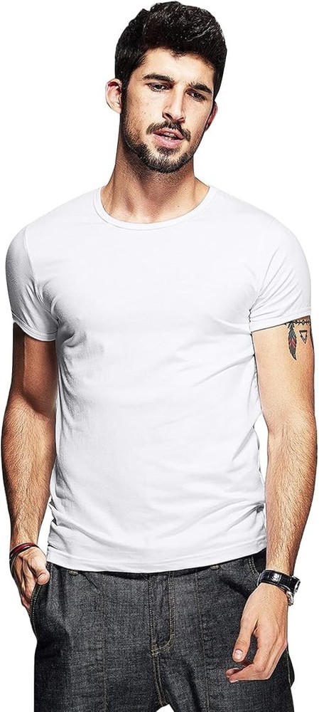 Men’s Elastic Slim Fit Crew-Neck T-Shirt Casual Solid Short Sleeve Tee White M