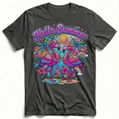 Hello Summer Tropical Flamingo T-Shirt Retro Neon Beach Vacation Holiday Tee
