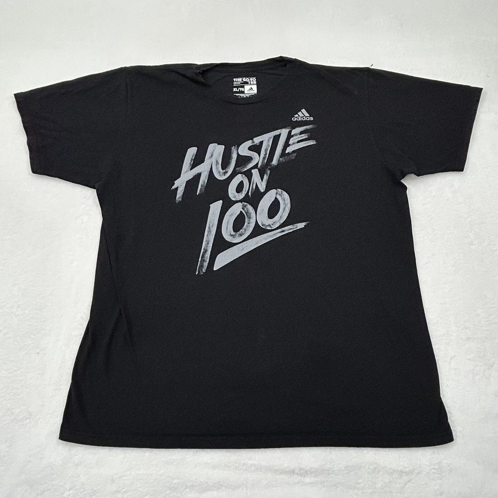 Adidas The Go-To Tee Hustle On 100 Graphic Spell out Black Cotton Shirt Men’s XL