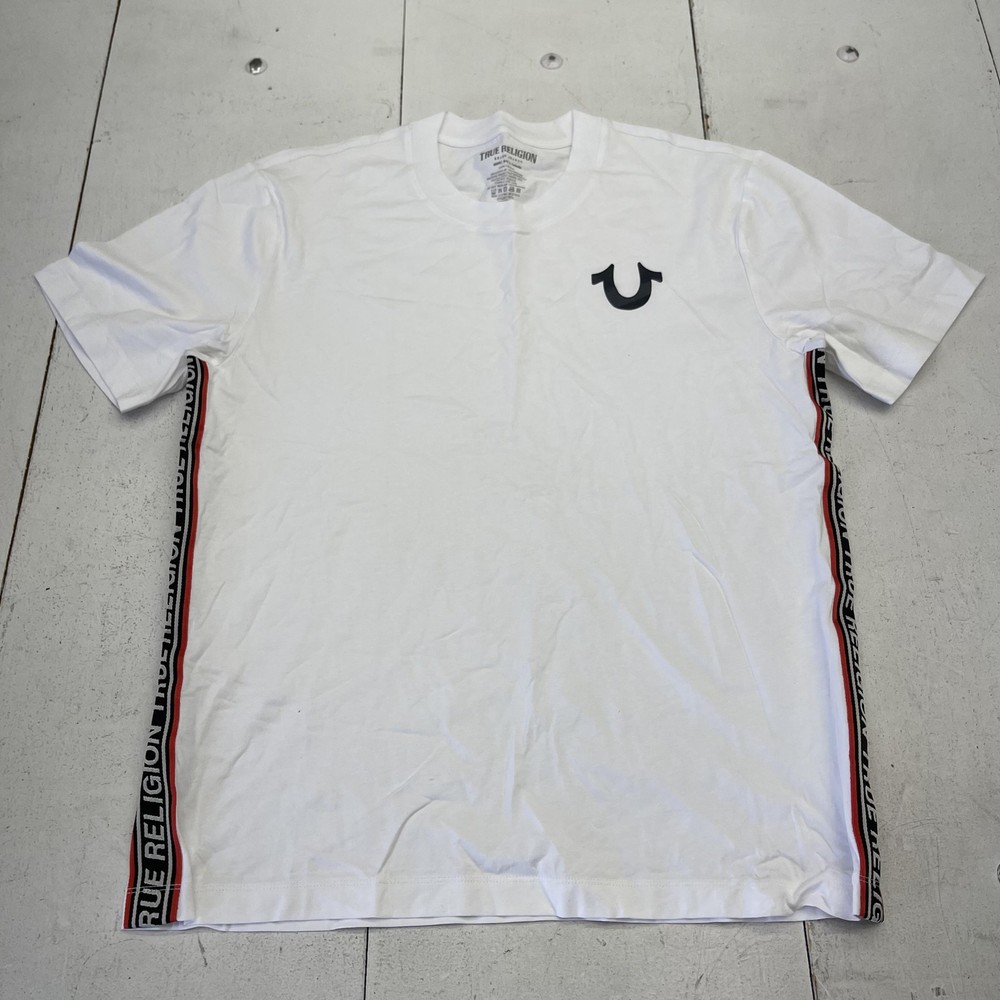 True Religion Shirt Mens Medium White Logo Side Tape Tee Tagless Crewneck Casual