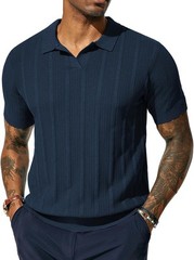 Mens V-Neck Knit Polo Shirt Textured Lightweight Breathable Summer Casual Top