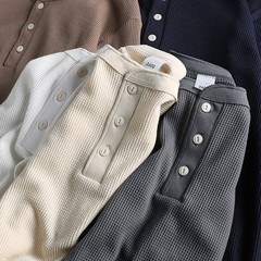 Retro Thread Cuff Knitted Waffle T-Shirt Men’s Long Sleeve Henry Collar Shirt