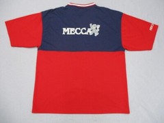 Vtg Mecca Mens T-Shirt Sz 2XL Y2K Blue Red V Neck Short Sleeve Jersey Spell Out