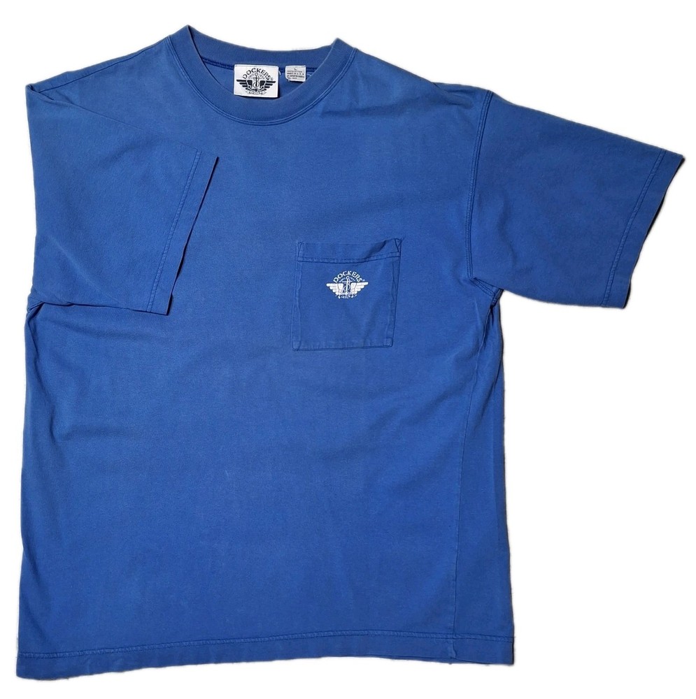 Vintage Dockers Levis T Shirt L Made In USA Cobalt Royal Sapphire Blue Top Tee