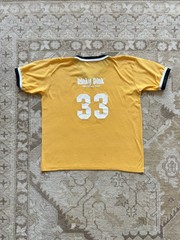 Vintage 80s Baseball Jersey Tee Gold Ringer V-Neck Greece Community Rinky Dink L