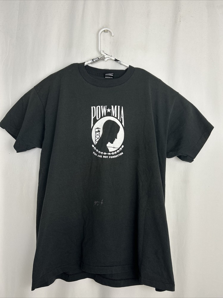 Vintage Mens XL Short Sleeve T Shirt POW MIA Black Single Stitch Stained