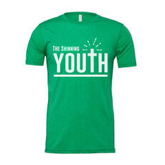 Christian Unisex Youth Tee With Large Typography, Cross Emblem, Sunrise Rays Gra