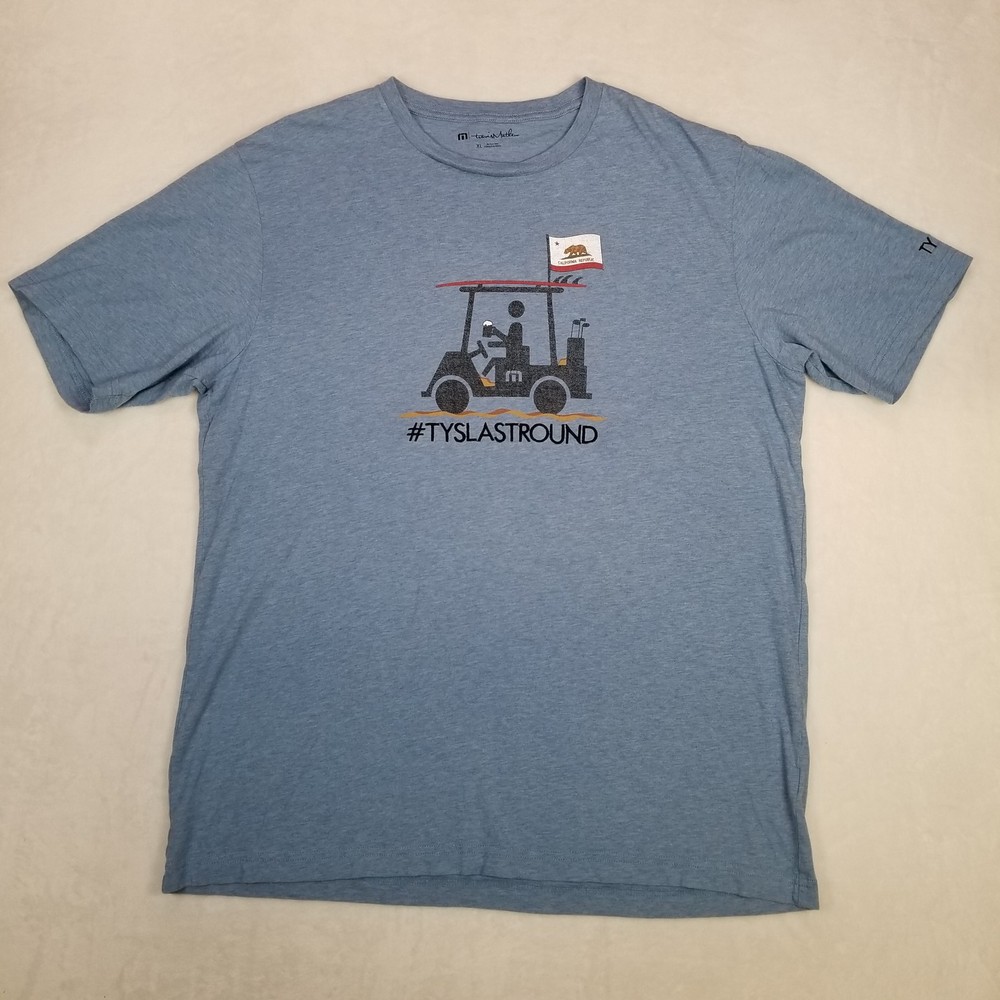 TravisMathew Men’s Golf Cart #TYSLASTROUND Graphic T-Shirt Blue Size XL Casual