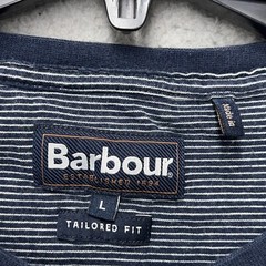Barbour Shirt Mens Large Blue White Striped Tailored Fit Round Neck Pocket