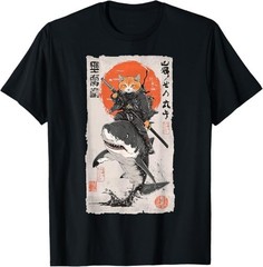 Epic Ninja Cat Riding Shark Funny Japanese Ukiyo-e Art T-Shirt
