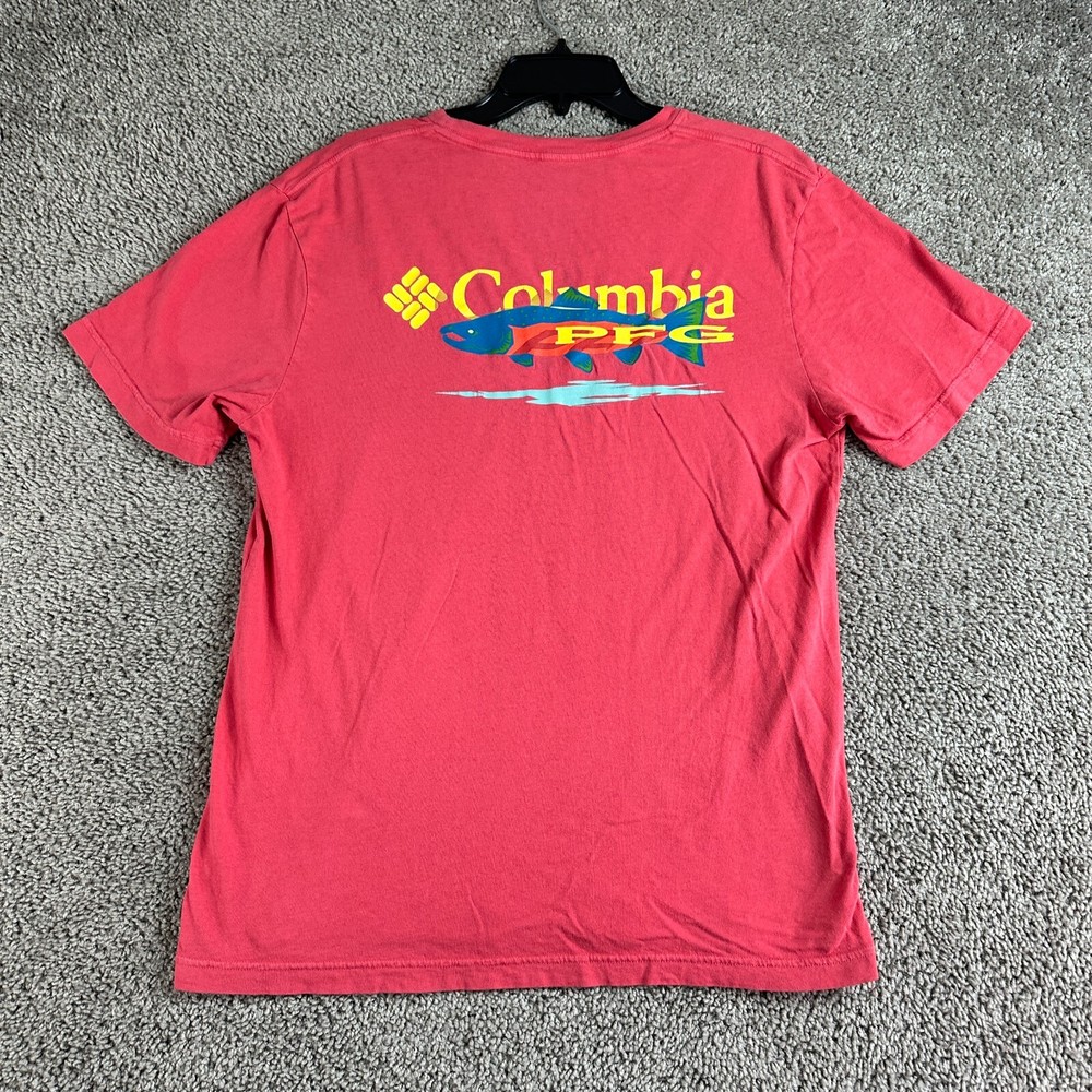 Columbia Shirt Mens L Red Yellow Fishing Short Sleeve Cotton Casual Outdoors*