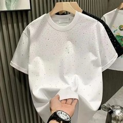 New Men Women Luxury Diamond Rhinestones Black White T-Shirt High Quality