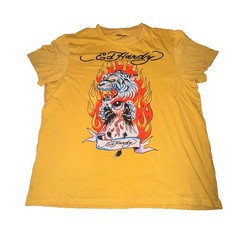Ed Hardy Shirt Men’s XL Yellow Embellished Tattoo Motocycle Biker Rock Y2K Skull