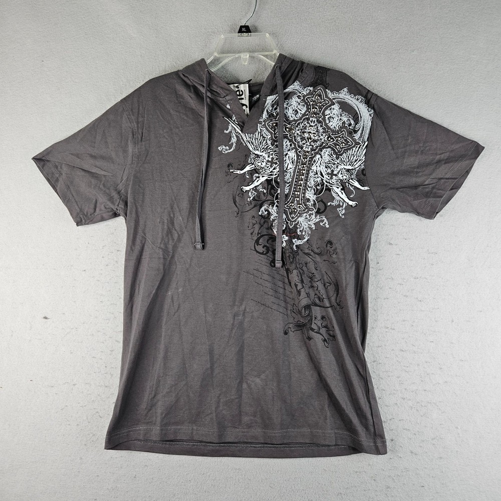 American G Style Hooded T Shirt Mens Medium Gray Studded Rocker Applique