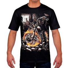 Biker style T-Shirt. Skeleton on a Burning Motorcycle.