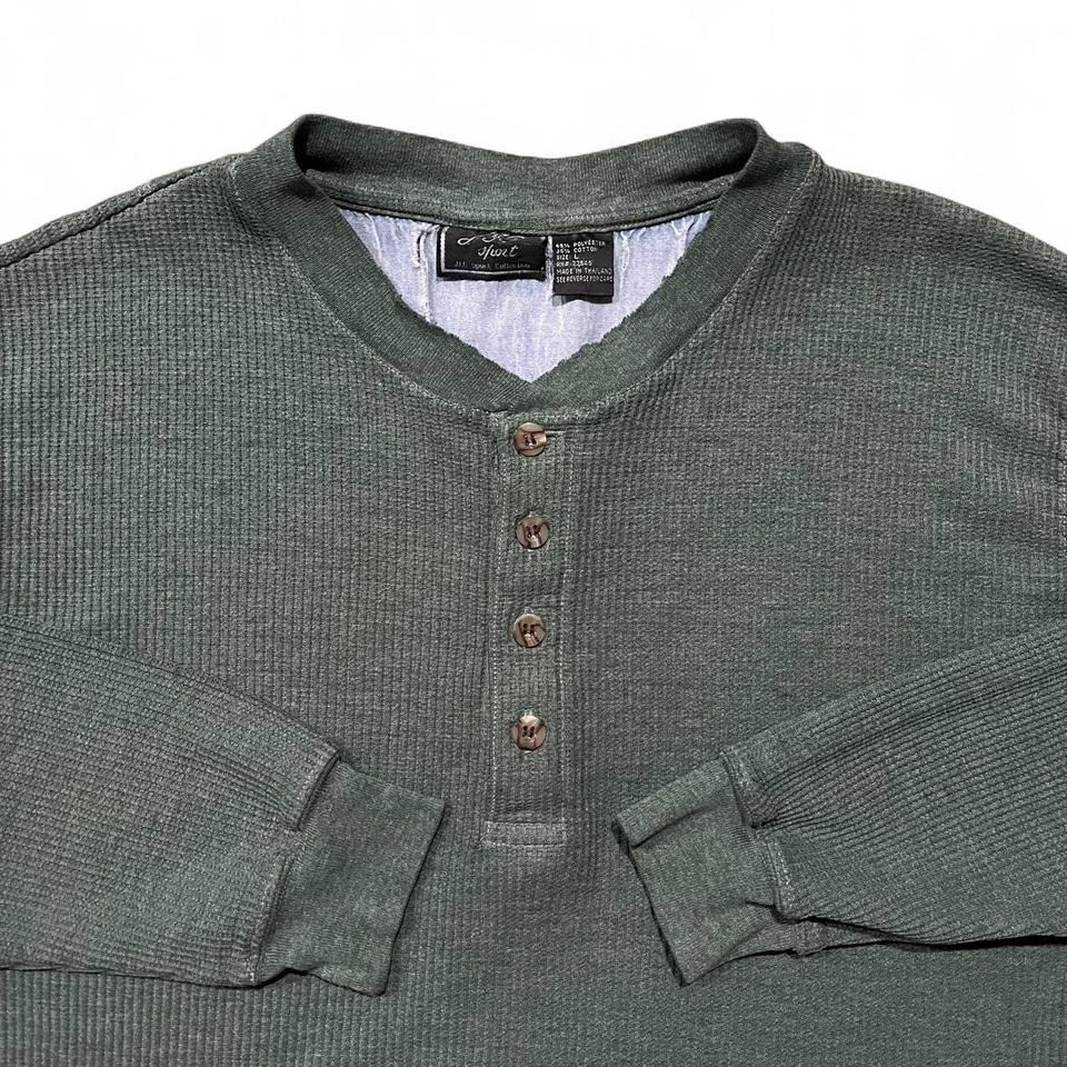 VTG JIT Sport Thermal Mens L Green Polycotton Henley Waffle-Knit Long-Sleeve 90s