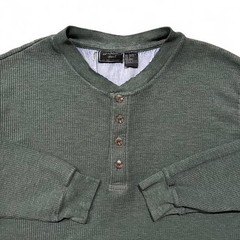 VTG JIT Sport Thermal Mens L Green Polycotton Henley Waffle-Knit Long-Sleeve 90s